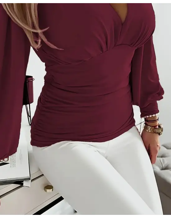 Kadın Uzun Kollu Derin V Yakalı önden Büzgülü Sandy Bluz