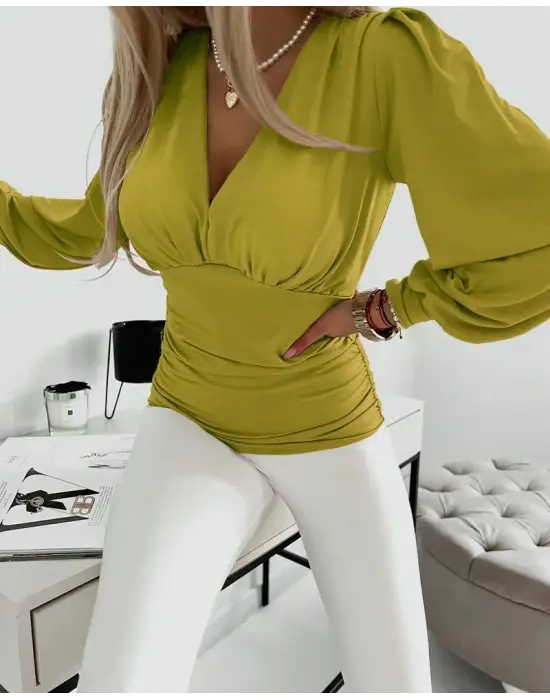 Kadın Uzun Kollu Derin V Yakalı önden Büzgülü Sandy Bluz