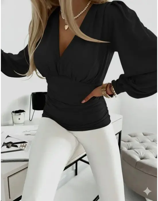 Kadın Uzun Kollu Derin V Yakalı önden Büzgülü Sandy Bluz