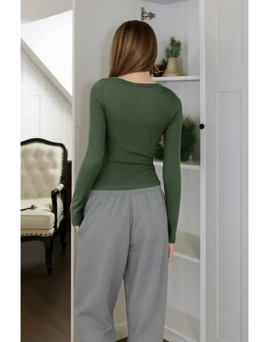 Kadın Uzun Kollu Derin Yuvarlak Yaka Kaşkorse Bluz