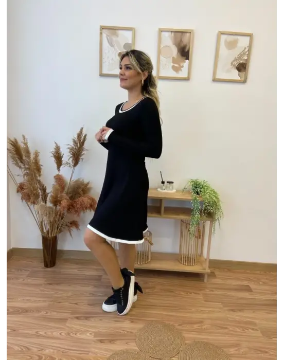 Kadın Uzun Kollu Derin Yuvarlak Yakalı Kısa Viskon Iki Iplik Elbise