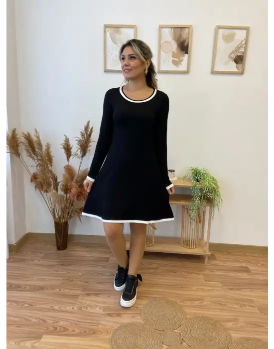 Kadın Uzun Kollu Derin Yuvarlak Yakalı Kısa Viskon Iki Iplik Elbise