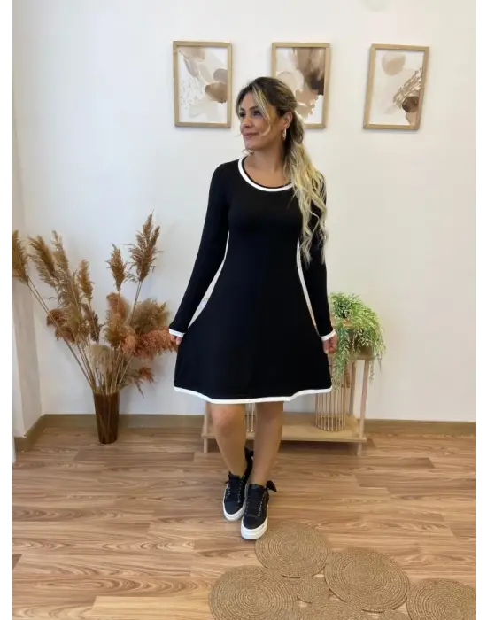 Kadın Uzun Kollu Derin Yuvarlak Yakalı Kısa Viskon Iki Iplik Elbise