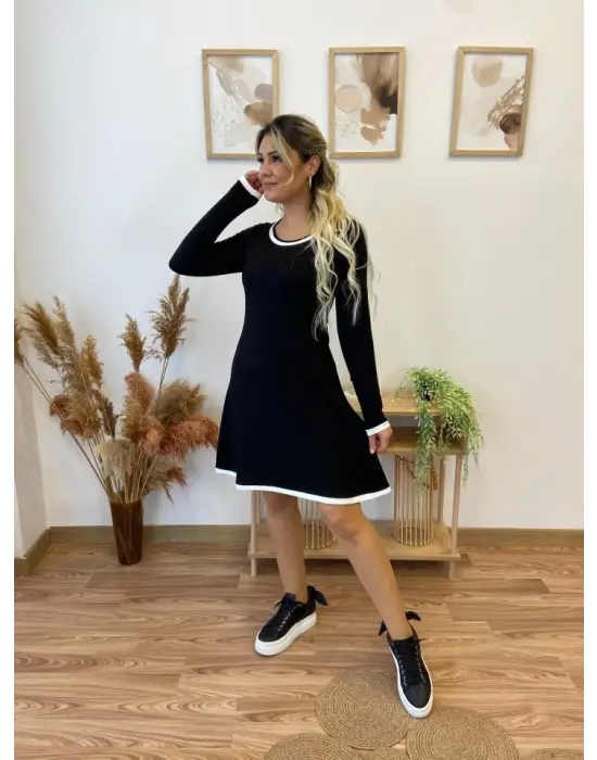 Kadın Uzun Kollu Derin Yuvarlak Yakalı Kısa Viskon Iki Iplik Elbise