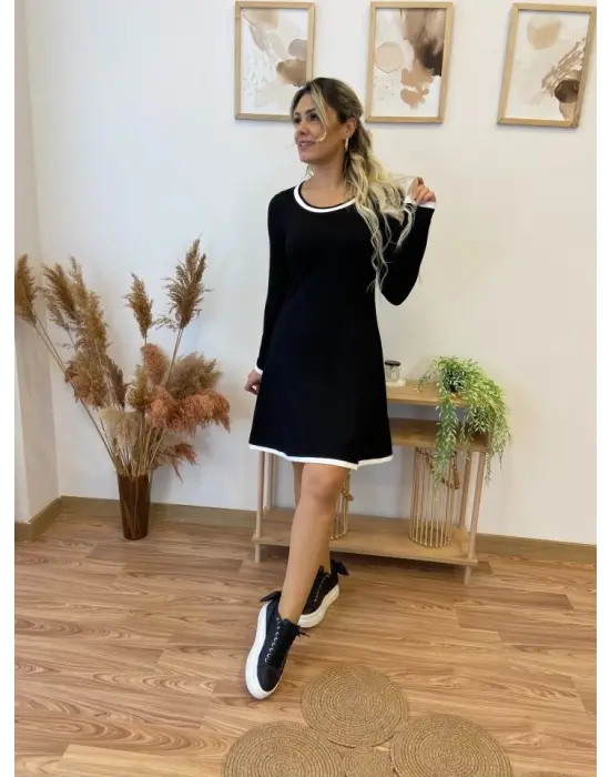 Kadın Uzun Kollu Derin Yuvarlak Yakalı Kısa Viskon Iki Iplik Elbise
