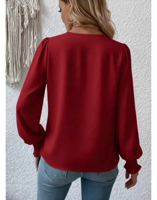 Modern Kruvaze Yaka Dökümlü Sandy Bluz