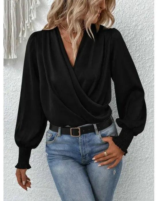 Kadın Uzun Kollu Dökümlü Kruvaze Yaka Kol Ucu Gipeli Sandy Bluz