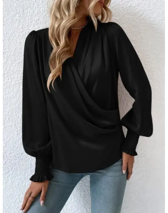 Kadın Uzun Kollu Dökümlü Kruvaze Yaka Kol Ucu Gipeli Sandy Bluz