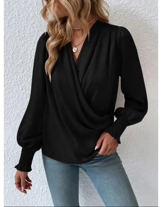 Kadın Uzun Kollu Dökümlü Kruvaze Yaka Kol Ucu Gipeli Sandy Bluz