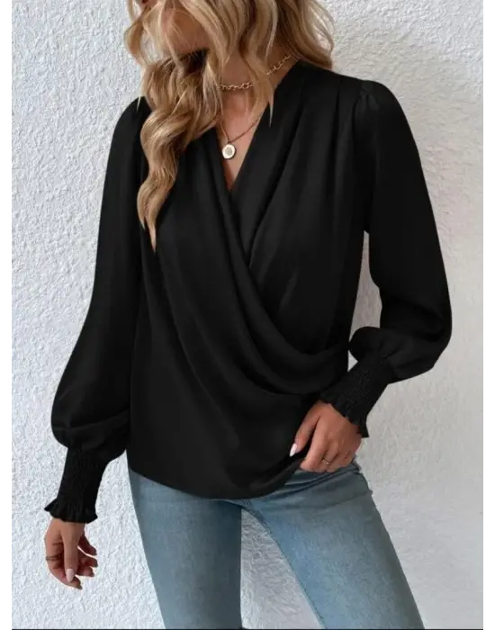 Kadın Uzun Kollu Dökümlü Kruvaze Yaka Kol Ucu Gipeli Sandy Bluz