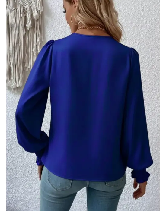 Kadın Uzun Kollu Dökümlü Kruvaze Yaka Kol Ucu Gipeli Sandy Lacivert Bluz