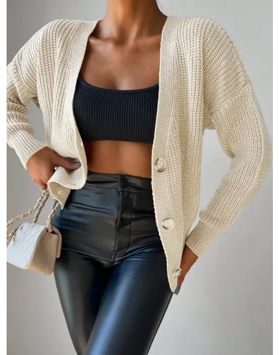 Kadın Uzun Kollu Düğme Detay Triko Bluz