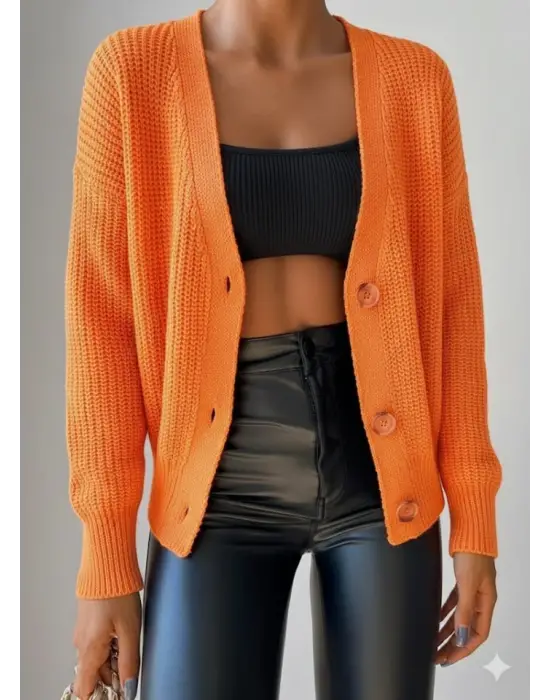 Kadın Uzun Kollu Düğme Detay Triko Bluz