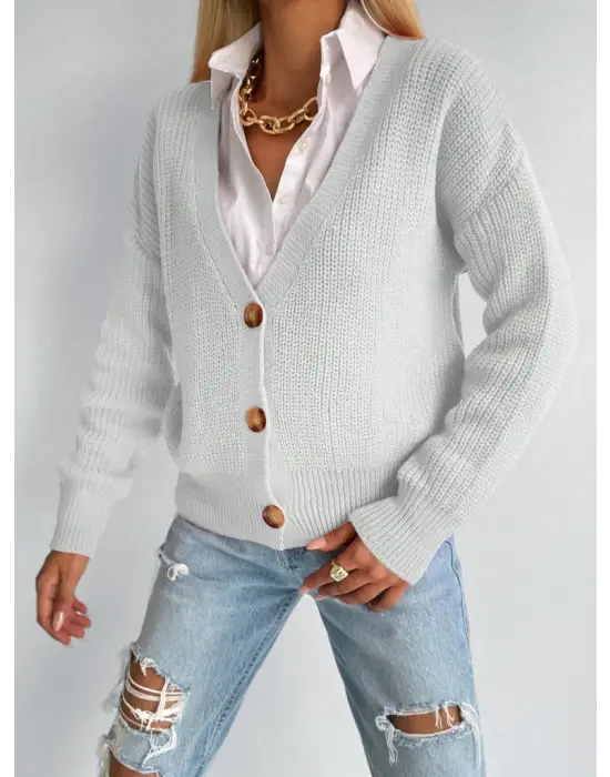 Kadın Uzun Kollu Düğme Detay Triko Bluz