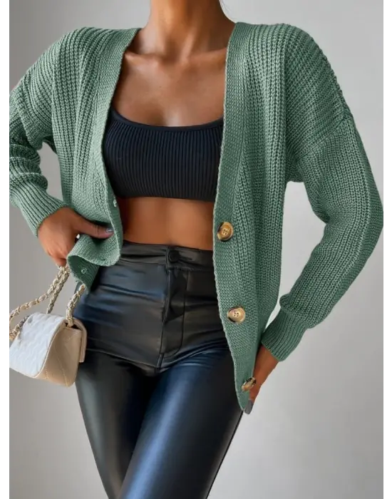 Kadın Uzun Kollu Düğme Detay Triko Bluz