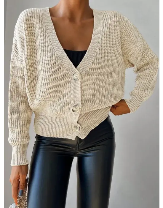 Kadın Uzun Kollu Düğme Detay Triko Bluz