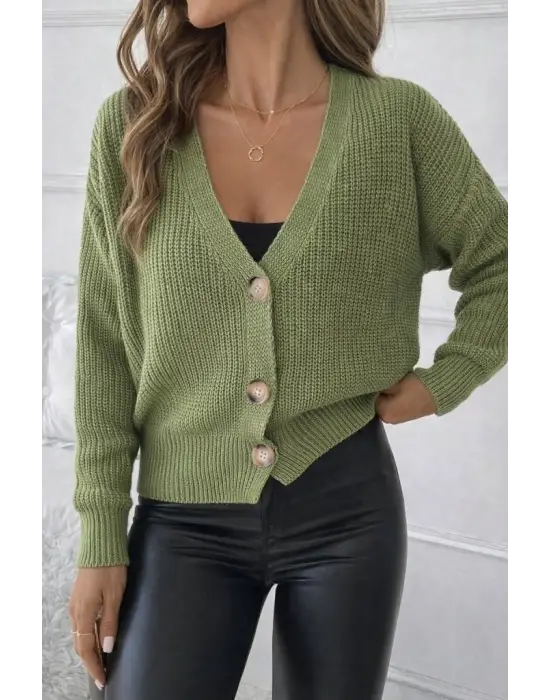 Kadın Uzun Kollu Düğme Detay Triko Bluz