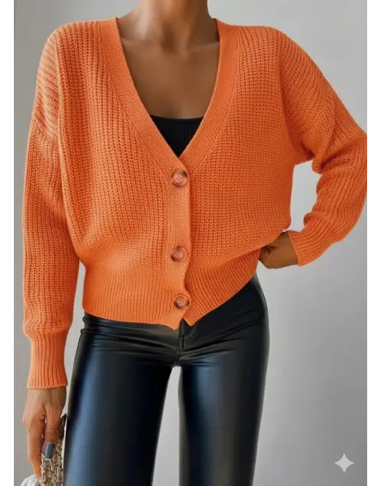 Kadın Uzun Kollu Düğme Detay Triko Bluz