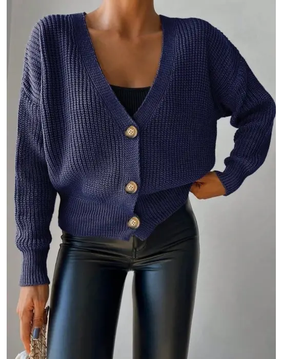 Kadın Uzun Kollu Düğme Detay Triko Bluz