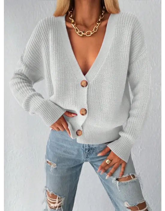 Kadın Uzun Kollu Düğme Detay Triko Bluz