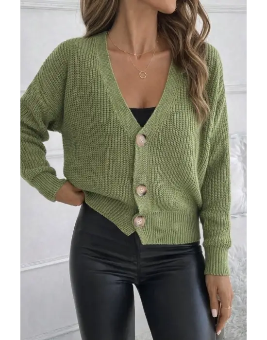 Kadın Uzun Kollu Düğme Detay Triko Bluz