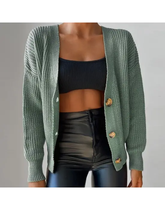 Kadın Uzun Kollu Düğme Detay Triko Bluz