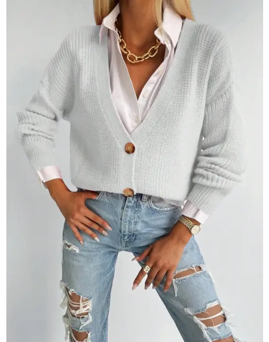 Kadın Uzun Kollu Düğme Detay Triko Bluz