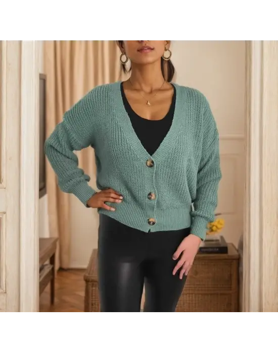 Kadın Uzun Kollu Düğme Detay Triko Bluz