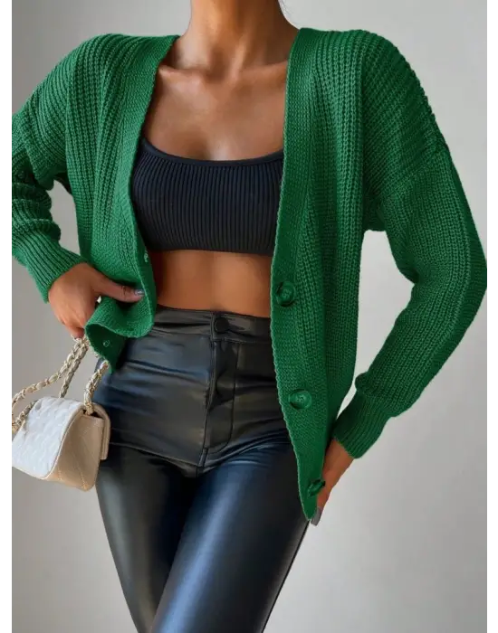 Kadın Düğme Detaylı Uzun Kollu Triko Hırka