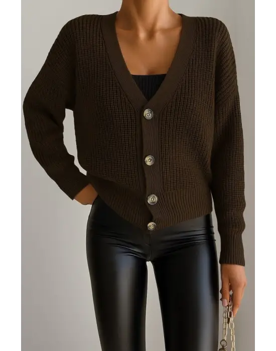 Kadın Uzun Kollu Düğme Detay Triko Hırka