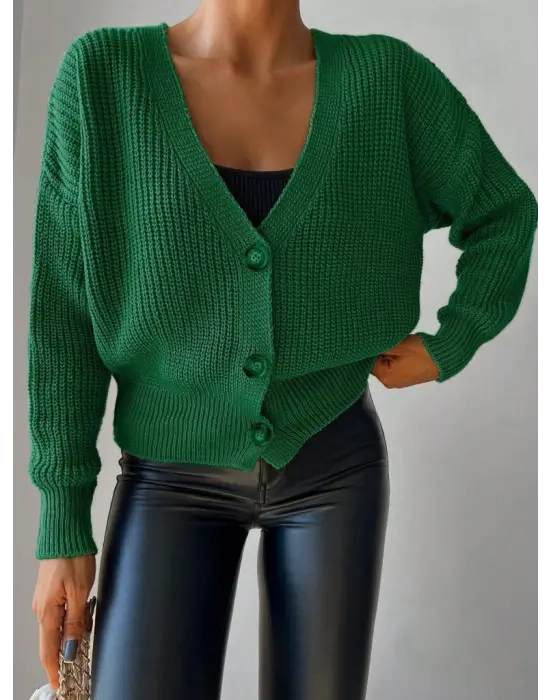 Kadın Düğme Detaylı Uzun Kollu Triko Hırka