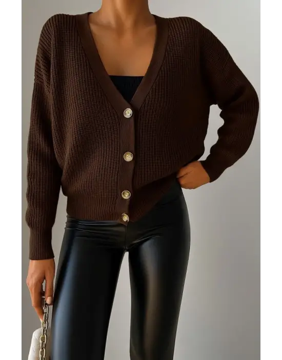 Kadın Uzun Kollu Düğme Detay Triko Hırka