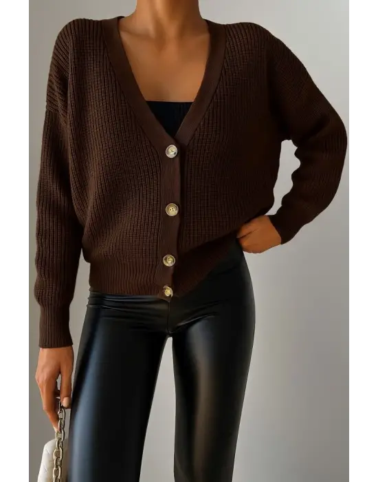 Kadın Uzun Kollu Düğme Detay Triko Hırka