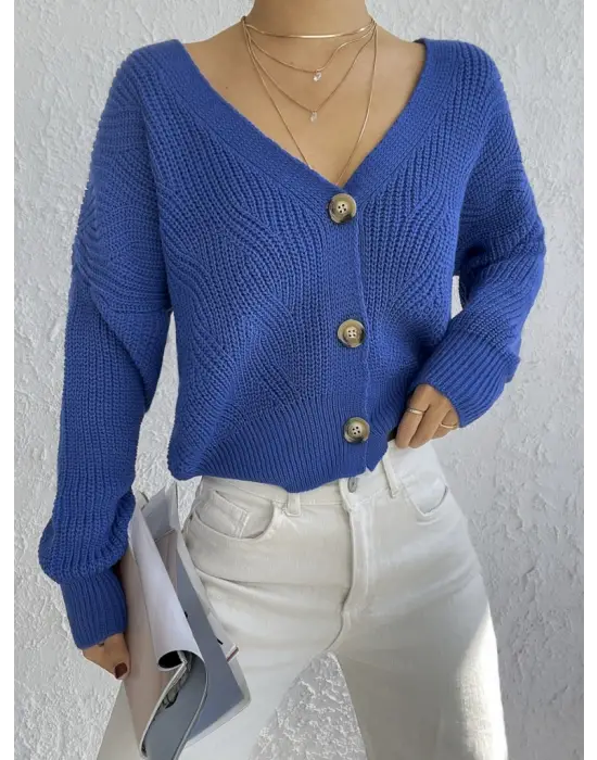 Kadın Uzun Kollu Düğme Detay Triko Hırka