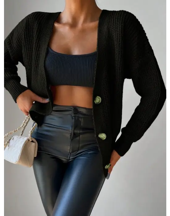 Kadın Uzun Kollu Düğme Detay Triko Hırka