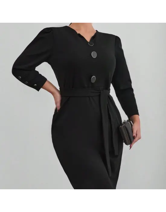 Kadın Uzun Kollu Düğme Detaylı Kendinden Kemerli Ithal Krep Elbise
