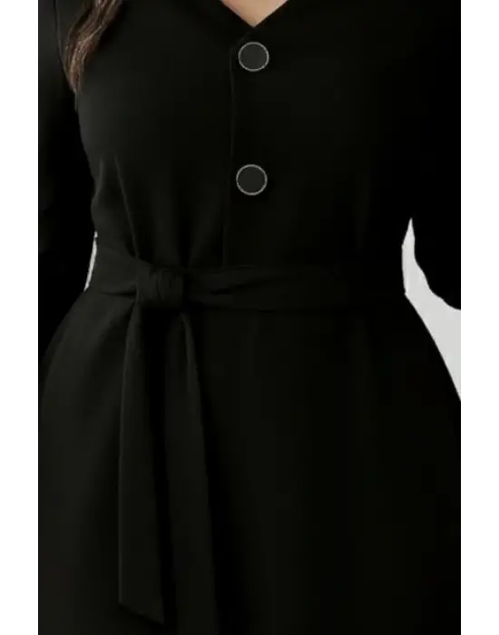 Kadın Uzun Kollu Düğme Detaylı Kendinden Kemerli Ithal Krep Elbise