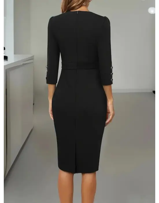 Kadın Uzun Kollu Düğme Detaylı Kendinden Kemerli Ithal Krep Elbise