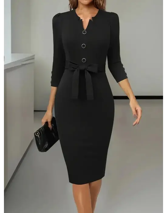 Kadın Uzun Kollu Düğme Detaylı Kendinden Kemerli Ithal Krep Elbise