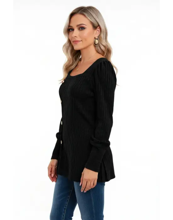 Kadın Uzun Kollu Düğmeli Mevsimlik Bluz – Yumuşak Dokulu, Esnek ve Sıcak Tutan Kumaş