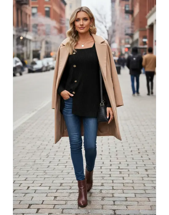 Kadın Uzun Kollu Düğmeli Mevsimlik Bluz – Yumuşak Dokulu, Esnek ve Sıcak Tutan Kumaş