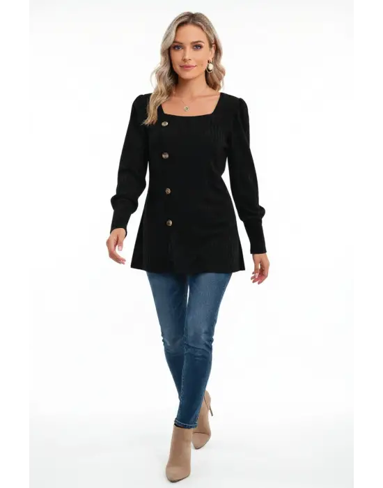 Kadın Uzun Kollu Düğmeli Mevsimlik Bluz – Yumuşak Dokulu, Esnek ve Sıcak Tutan Kumaş