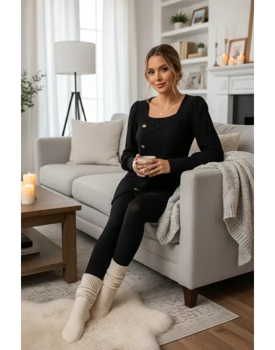 Kadın Uzun Kollu Düğmeli Mevsimlik Bluz – Yumuşak Dokulu, Esnek ve Sıcak Tutan Kumaş