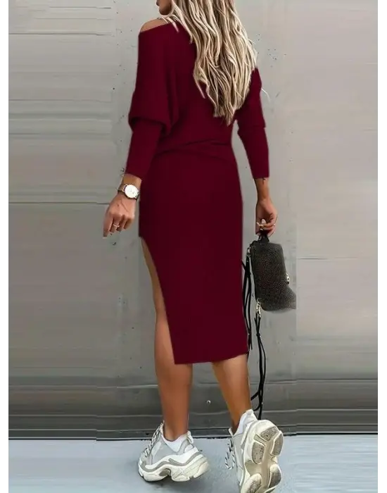 Kadın Uzun Kollu Düşük Omuz Yırtmaç Detay Kaşkorse Etek Bluz Ikili Takım