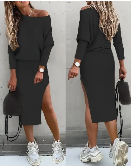 Kadın Uzun Kollu Düşük Omuz Yırtmaç Detay Kaşkorse Etek Bluz Ikili Takım