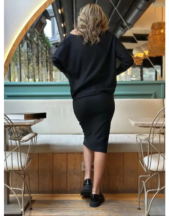 Kadın Uzun Kollu Düşük Omuz Yırtmaç Detay Kaşkorse Etek Bluz Ikili Takım