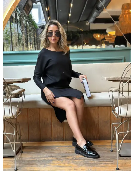 Kadın Uzun Kollu Düşük Omuz Yırtmaç Detay Kaşkorse Etek Bluz Ikili Takım