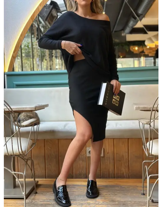 Kadın Uzun Kollu Düşük Omuz Yırtmaç Detay Kaşkorse Etek Bluz Ikili Takım