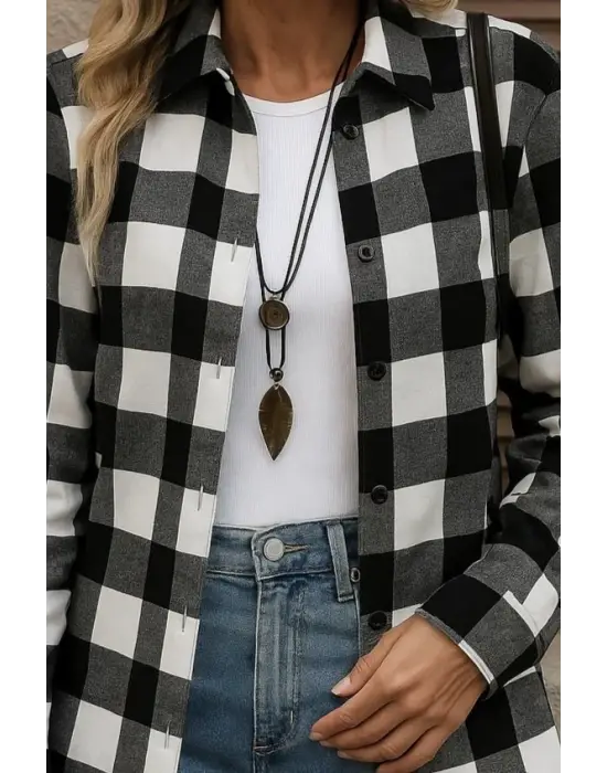 Kadın Uzun Kollu Ekoseli önden Düğmeli Dokuma Uzun Gömlek
