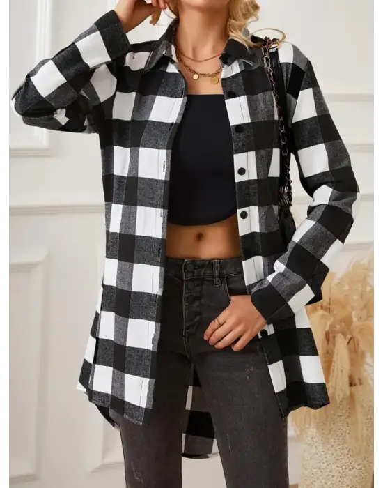 Kadın Uzun Kollu Ekoseli önden Düğmeli Dokuma Uzun Gömlek